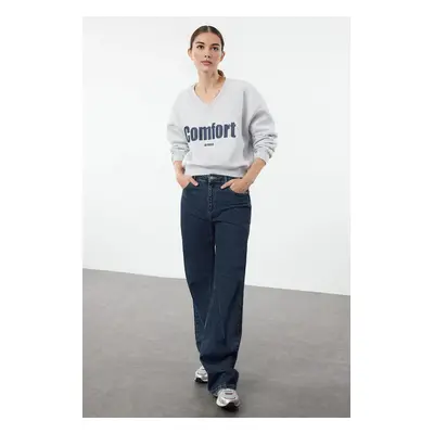 Trendyol Grey Melange Slogan Printed Regular/Normal Pattern Thick Polar Fleece Knitted Sweatshir