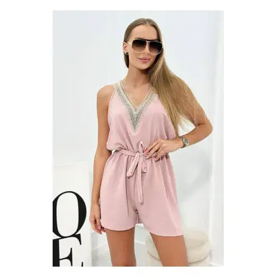 Short jumpsuit with decorative lace powder pink