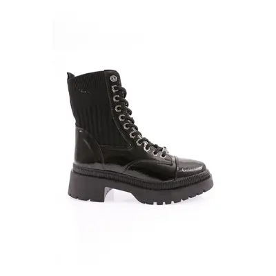 DGN K9060 Women's Knitwear Detailed Lace Up Boots Black Wrinkled Patent Leather