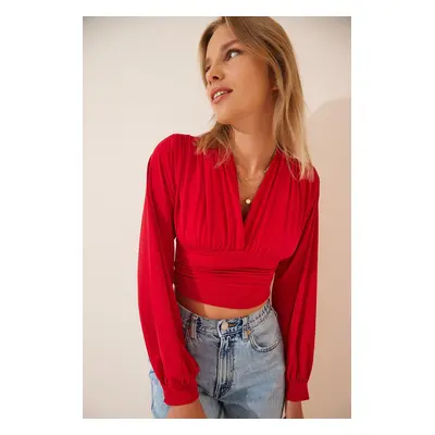 Happiness İstanbul Women's Red Deep V Neck Crop Sandy Knitted