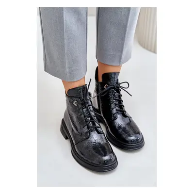 Women's leather patent leather ankle boots insulated with D&A zip black-gray