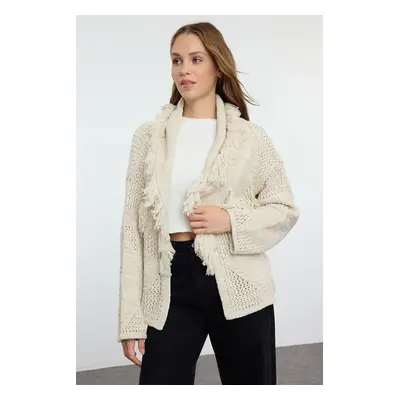 Trendyol Stone Wide Pattern Tassel Detailed Knitwear Cardigan