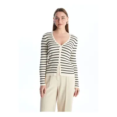 LC Waikiki V-Neck Striped Long Sleeve Women's Knitwear Cardigan