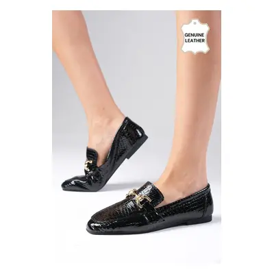 Mio Gusto Jordane Genuine Leather Black Color Animal Patterned Flat Toe Women's Loafer Shoes