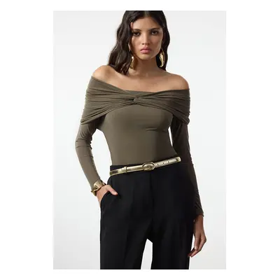 Trendyol Khaki Asymmetric Collar Knitted Bodysuit