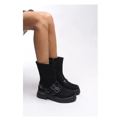 Riccon Elgikh Women's Buckle Detail Biker Boots Black Suede