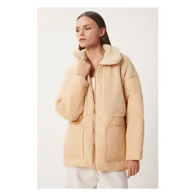 Happiness İstanbul Women's Latte Plush Detailed Quilted Coat