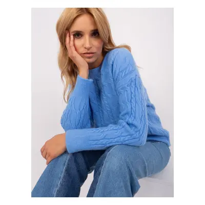 Blue sweater with cables and cuffs