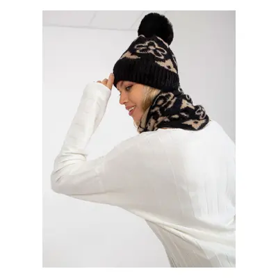 Women's black-beige winter hat with pompom