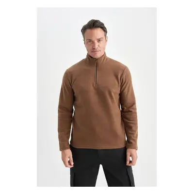 DEFACTO Brown Non-Pilling Cold-Proof Stand Collar Zip-Up Fleece Sweatshirt