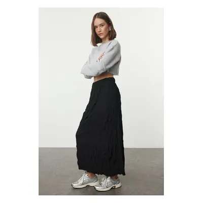 Trendyol Black Wrinkled Pleat Detailed Maxi Stretchy Knitted Skirt