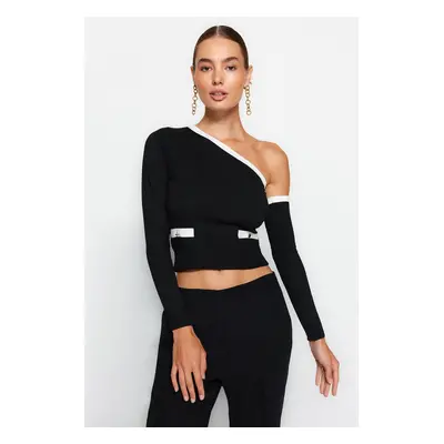 Trendyol Black Crop One Shoulder Sleeve Detachable Premium Yarn/Special Yarn Knitwear Sweater