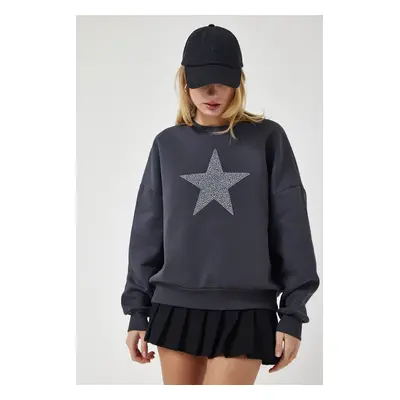 Happiness İstanbul Women's Anthracite Star Embroidered Raised Knitted Sweatshirt