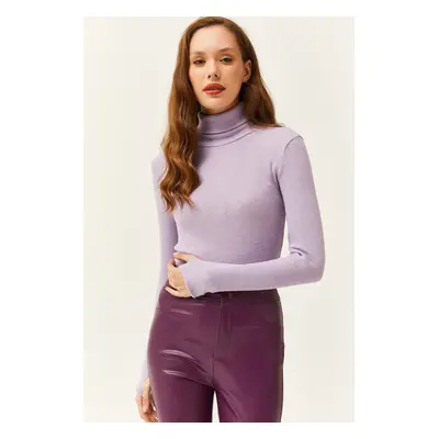 Olalook Women's Lilac Turtleneck Finger Detailed Lycra Blouse