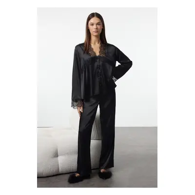 Trendyol Black Plain Satin Woven Pajama Set