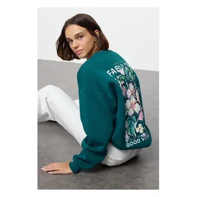 Trendyol Petrol Oversize/Wide Pattern Front Back Printed Thick Inside Polar Fleece Knitted Sweat