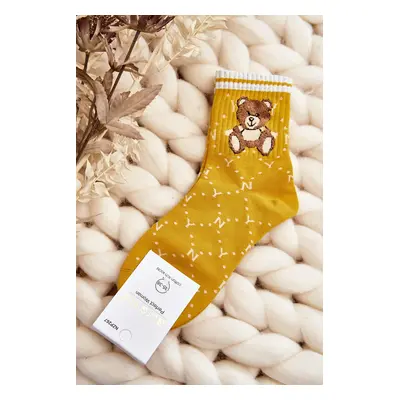 Patterned socks for women with teddy bear, yellow