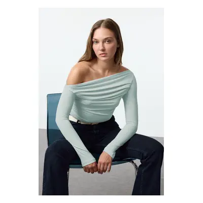 Trendyol Mint Gathered/Draped Detailed Fitted/Fits the Body Long Sleeve Flexible Knitted Blouse