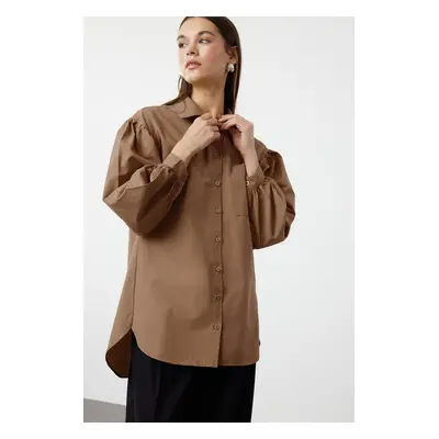 Trendyol Dark Beige Balloon Sleeve Long Back Pocket Detail Basic Woven Shirt