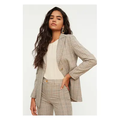 Trendyol Beige Woven Lined Plaid Blazer Jacket