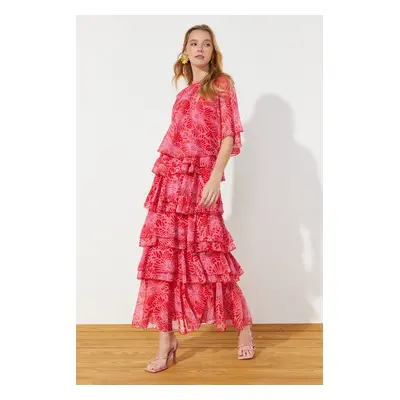 Trendyol Chiffon Woven Evening Dress with Tiered Pink Floral Skirt