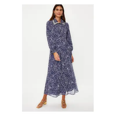 Trendyol Blue Floral Neck Detailed Lined Chiffon Woven Dress