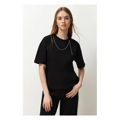 Trendyol Black 100% Cotton Relaxed/Comfortable Fit Chain Detailed Knitted T-Shirt