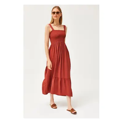 Olalook Women's Brick Strap Midi Woven Viscose Dress