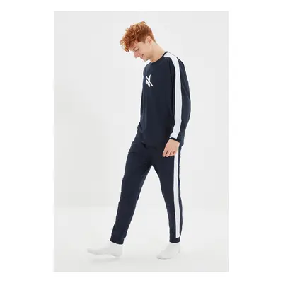 Trendyol Navy Blue Printed Stripe Detailed Knitted Pajamas Set