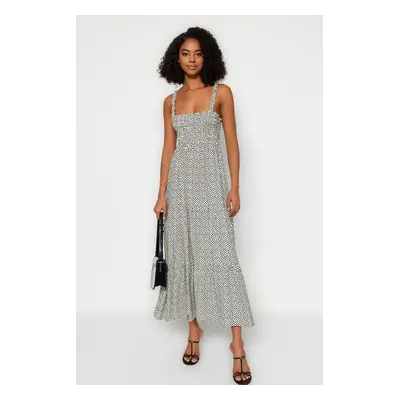 Trendyol White Polka Dot Straight Cut Strap Square Neck Gipe Detailed Woven Midi Dress