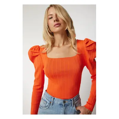 Happiness İstanbul Women's Orange Square Neck Ribbed Knitwear Blouse