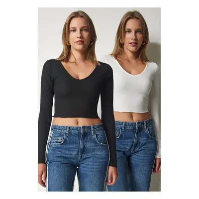 Happiness İstanbul Women's Black and White V-Neck 2-Pack Crop Knitted Blouse