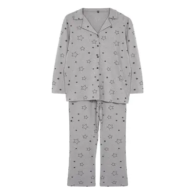 Trendyol Curve Gray Melange Star Patterned Shirt Collar Knitted Pajama Set