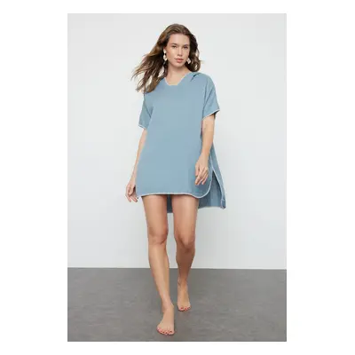 Trendyol Blue Wide Fit Mini Woven Embroidered Muslin Beach Dress