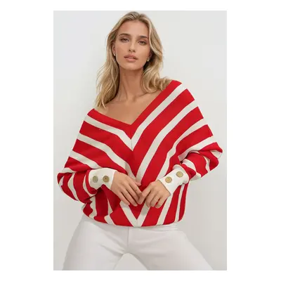 Trend Alaçatı Stili Women's Red V-Neck Bias Striped Oversize Knitwear Sweater