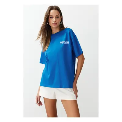 Trendyol Saxe 100% Cotton Back and Front Motto Printed Oversize/Wide Cut Knitted T-Shirt