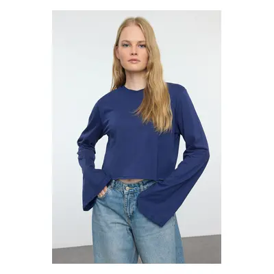 Trendyol Navy Blue 100% Cotton Relaxed/Wide Relaxed Cut Crop Crew Neck Knitted T-Shirt