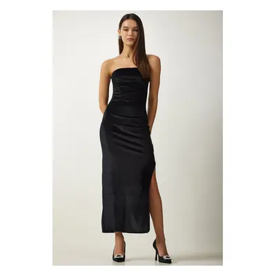 Happiness İstanbul Women's Black Strapless Neck Slit Elegant Velvet Dress