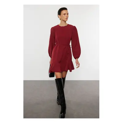 Trendyol Burgundy Belted Plain Mini Woven Dress