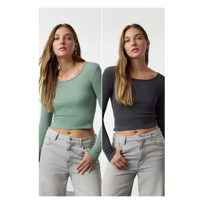 Trendyol Anthracite-Mint Pack Fitted Wide Collar Ribbed Flexible Crop Knitted Blouse