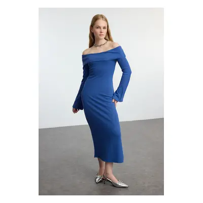 Trendyol Indigo Fitted Carmen Neck Soft Textured Midi Stretch Knitted Pencil Dress