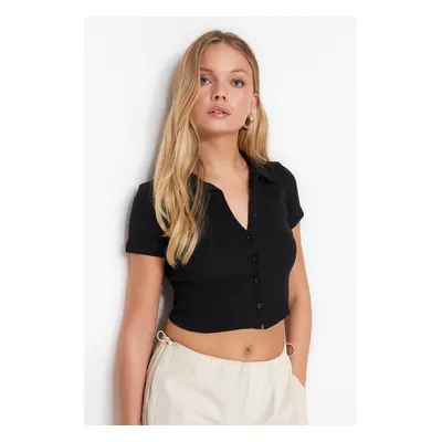 Trendyol Black Button Detail Fitted/Situated Crop Polo Neck Ribbed Stretch Knit Blouse