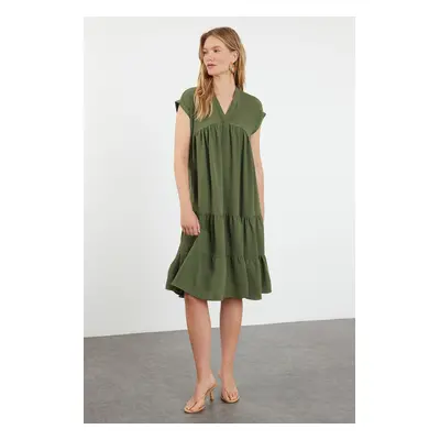 Trendyol Khaki Plain Wide Cut V-Neck Skirt Flounced Aerobin Woven Dress