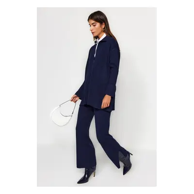 Trendyol Navy Blue Slit Detailed Cardigan-Pants Knitwear Suit