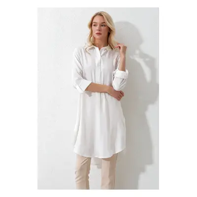 Trend Alaçatı Stili Women's Ecru Shirt Collar Half Pop Long Woven Tunic