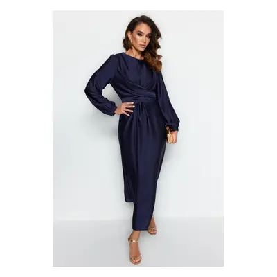 Trendyol Navy Blue Cross Tie Detailed Satin Evening Dress