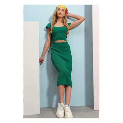 Trend Alaçatı Stili Women's Green Kiss Collar Flounce Shoulders Crop Blouse And High Waist Knitw