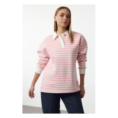 Trendyol Pink Striped Polo Neck Thick Polar Fleece Oversize Knitted Sweatshirt