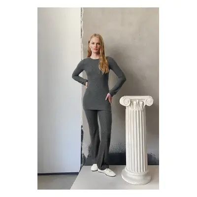 Trendyol Anthracite Soft Long Sleeve Crew Neck Blouse and Trousers Flexible Knitted Top-Bottom S