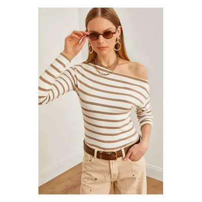 Olalook Women's Beige Striped Premium Soft Touch Boat Neck Stretchy Blouse